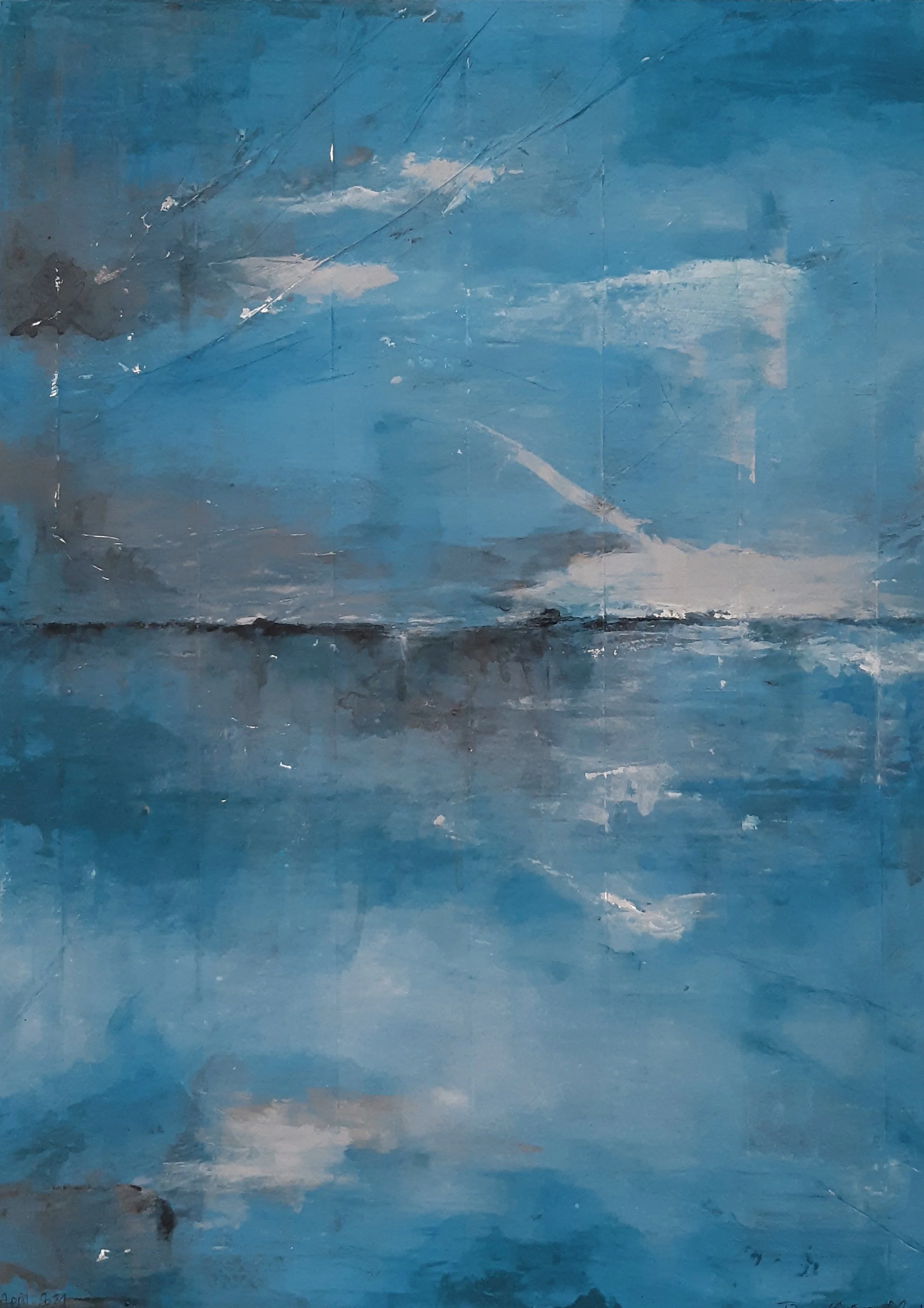 Abstraktes Gemälde in Blautönen mit horizontalen Strukturen, die an Meer, Himmel und einen fernen Horizont erinnern.