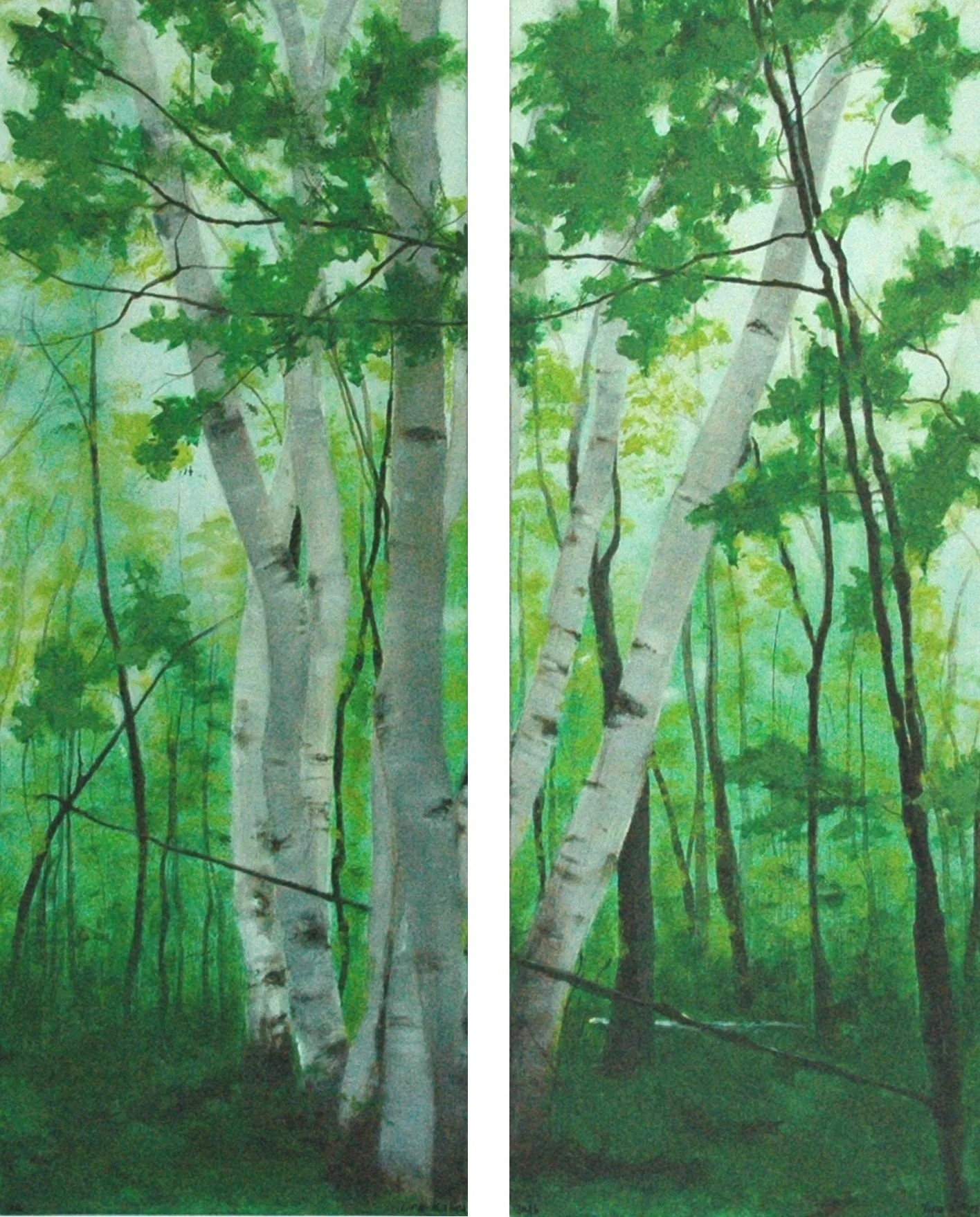 Zweiteilige Acrylmalerei eines grünen Birkenwaldes mit lasierenden Airbrush-Farben im Hintergrund.