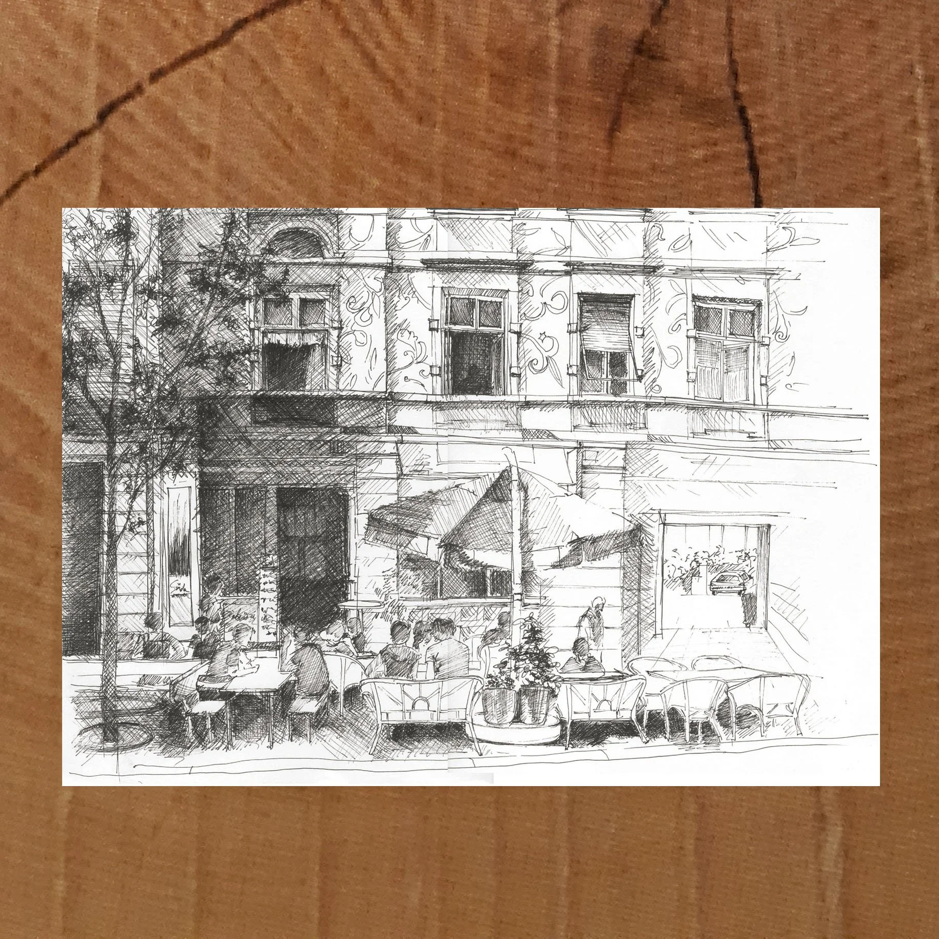 Zeichnung und Postkarte des Süden Café – Bistrot in Frankfurt.