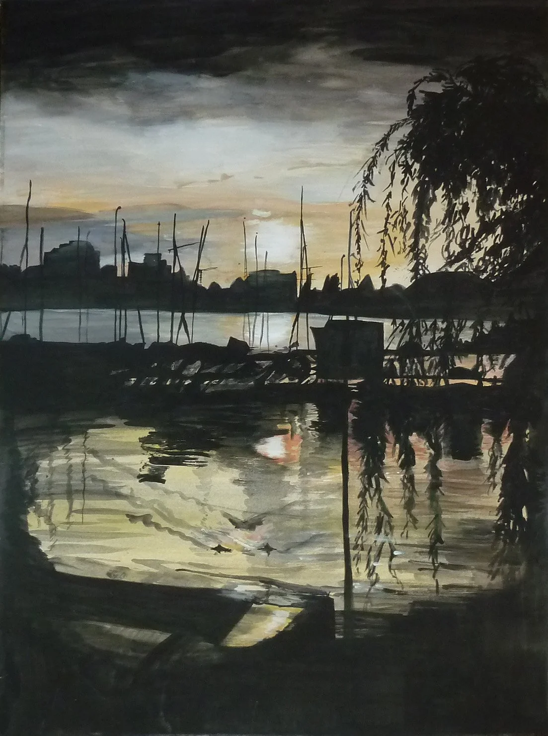 Stimmungsvolles Gemälde eines Hafenbeckens bei Sonnenuntergang mit Booten, Masten und Spiegelungen im ruhigen Wasser.