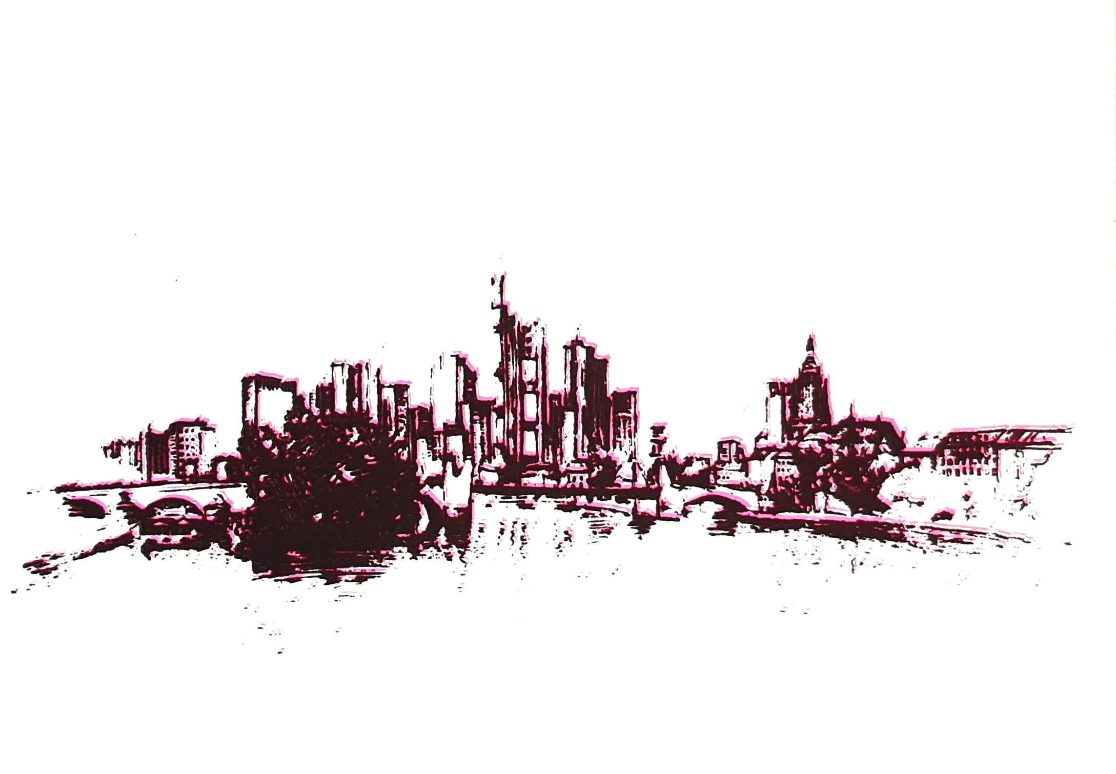 Siebdruck einer gezeichneten Frankfurter Skyline in Schwarz und Pink