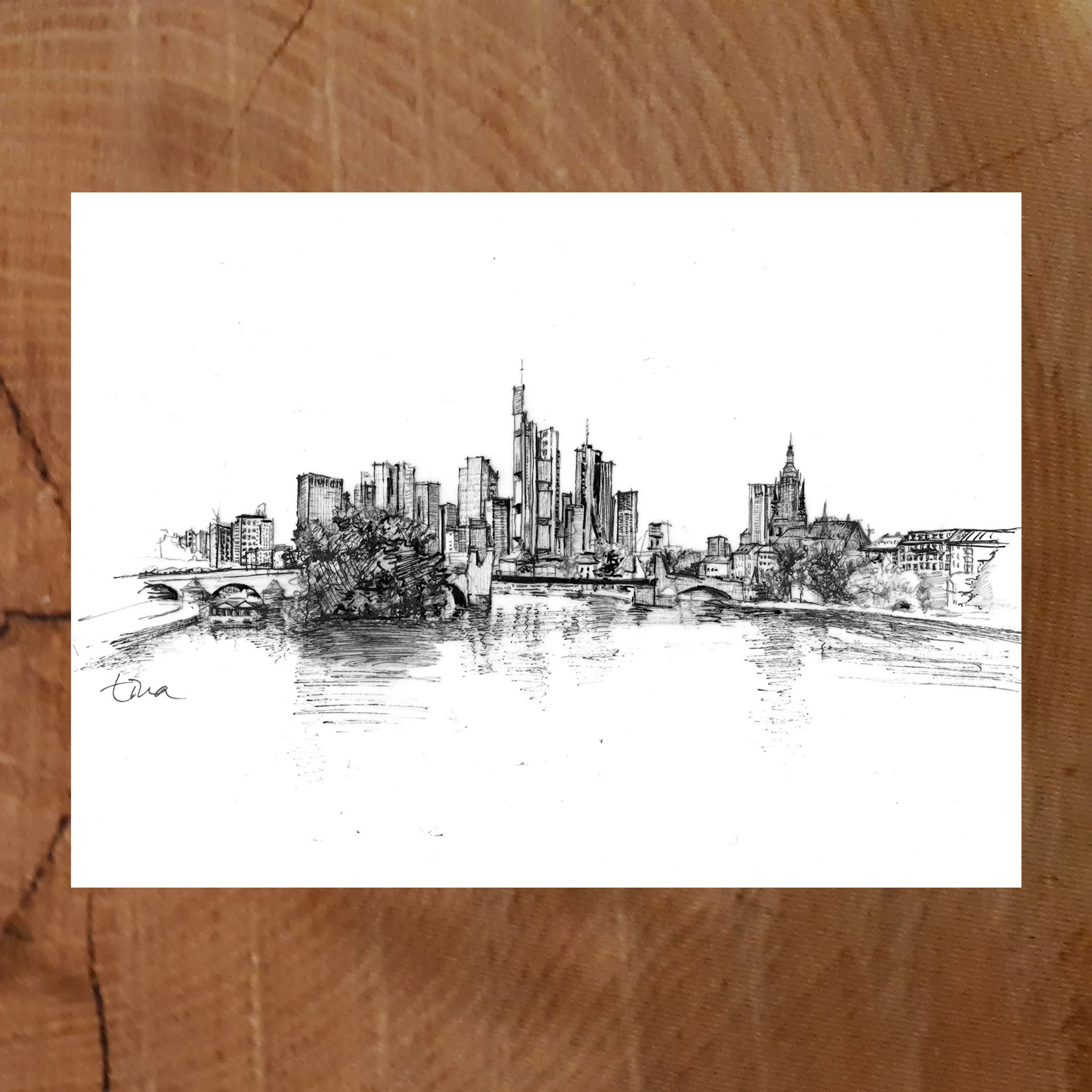 Postkarte mit gezeichneter Skyline von Frankfurt am Main.