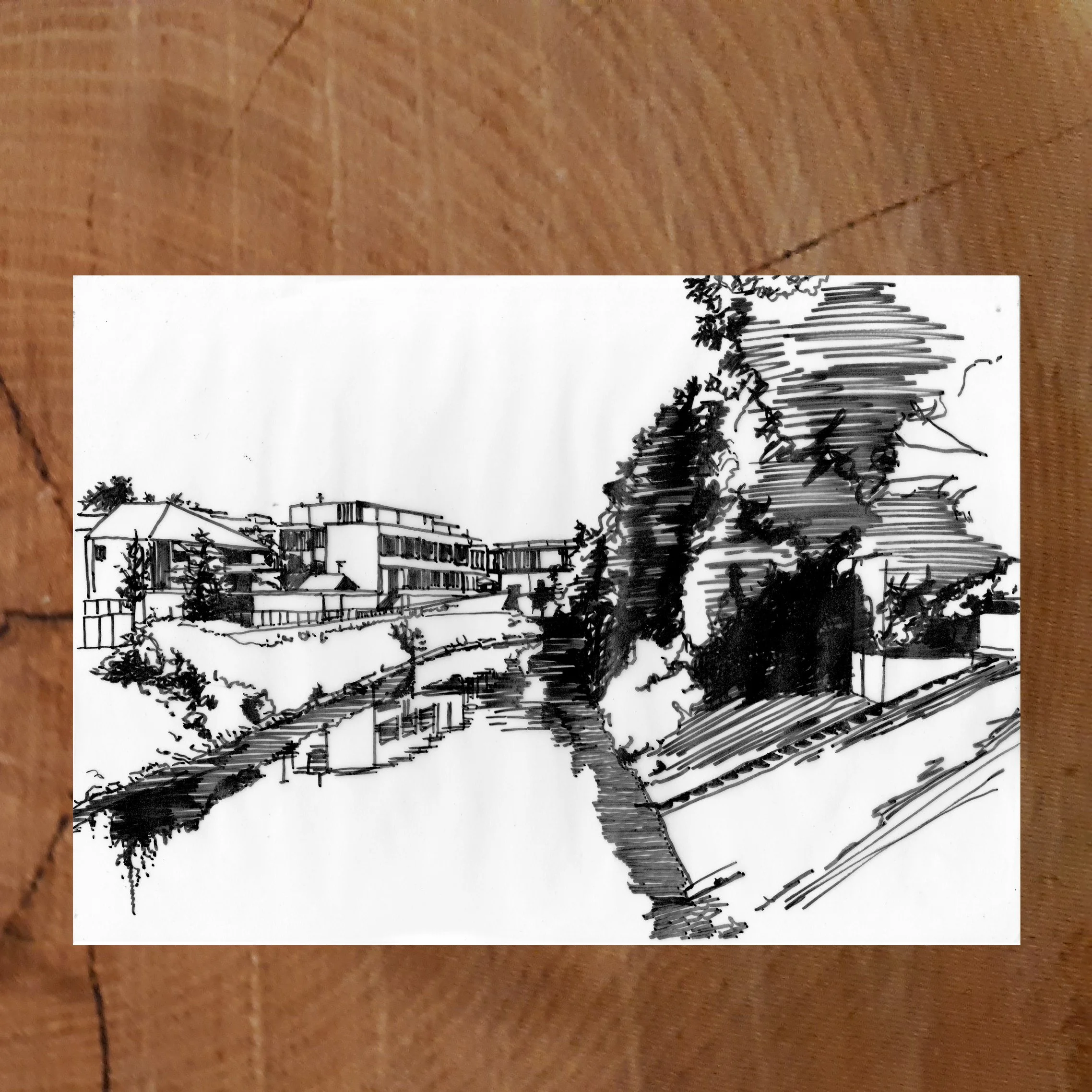 Handgezeichnete Zeichnung der Niddabrücke in Bad Vilbel.