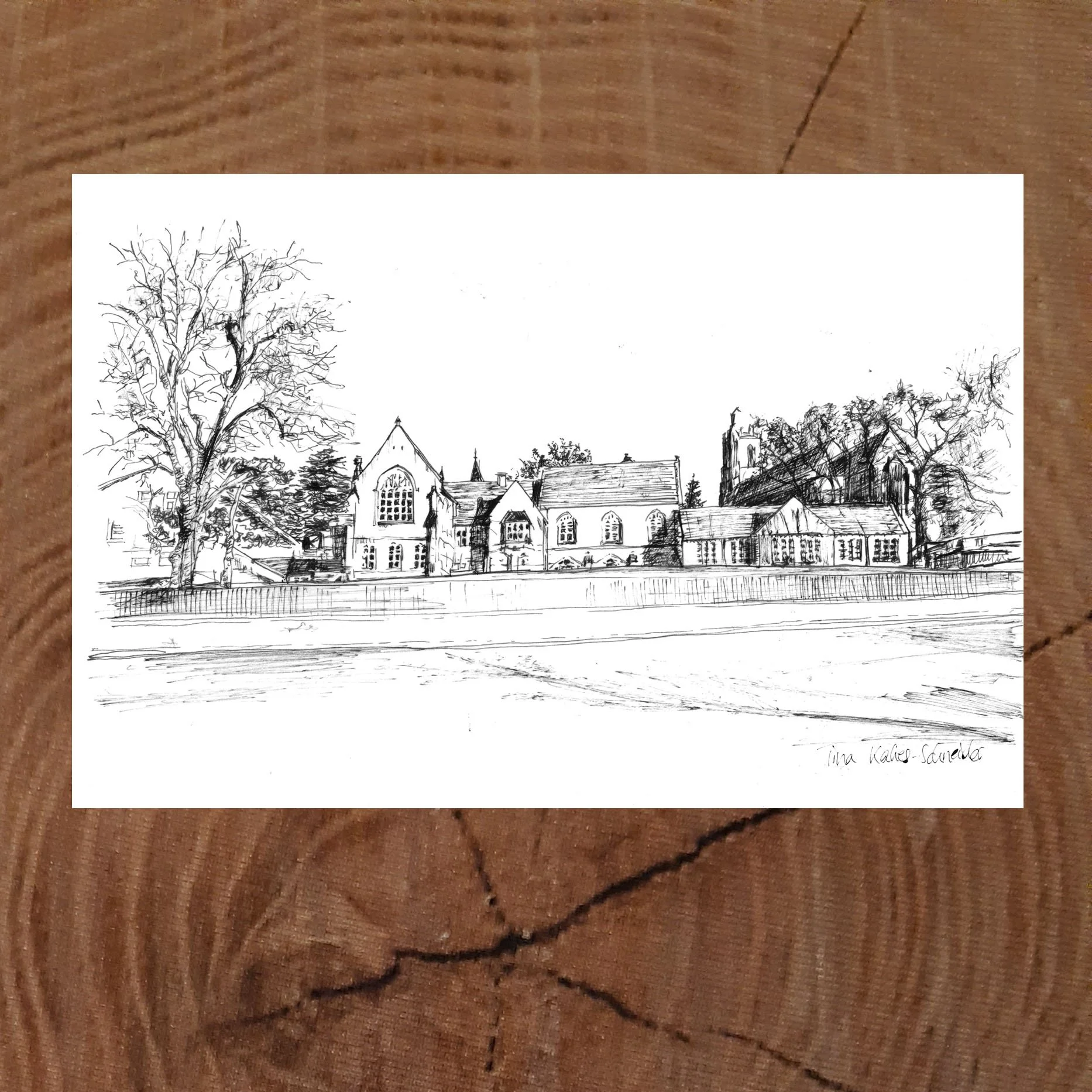 Postkarte der Old Grammar School in Richmond, North Yorkshire, historische Schulgebäude als Zeichnung.