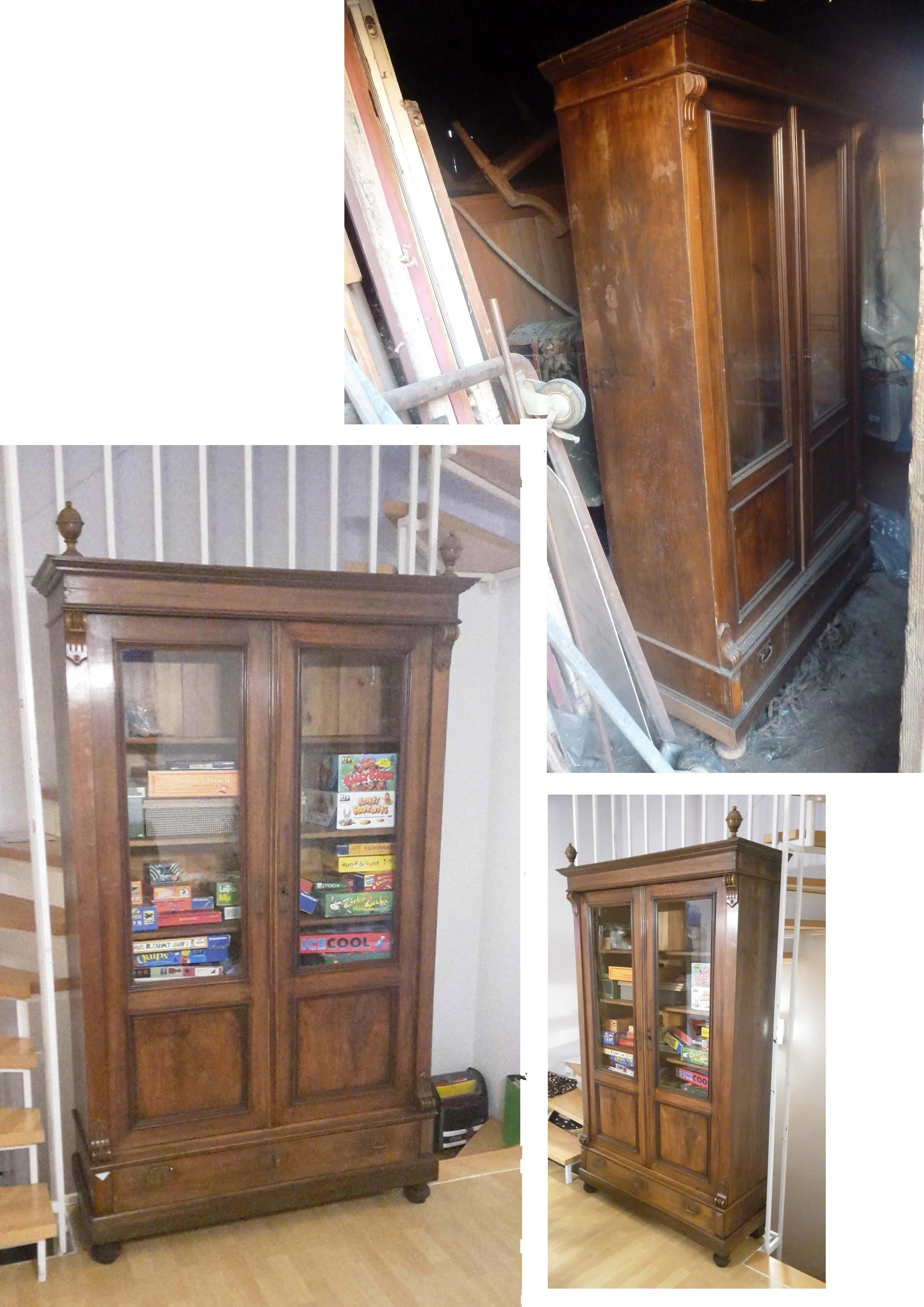 Vorher-Nachher-Ansicht eines Historismus-Glasvitrinenschrank aus Massivholz mit zwei verglasten Türen, Innenböden, Zierelementen und Schublade im unteren Bereich.