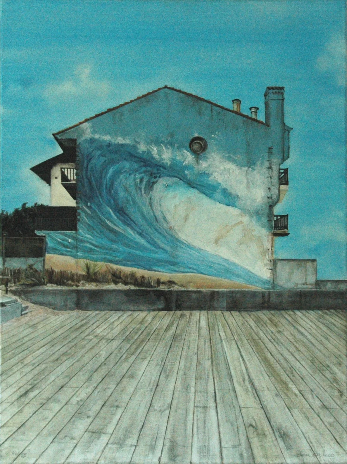 Gemälde eines Hauses mit Wellen-Graffiti an der Strandpromenade von Capbreton.