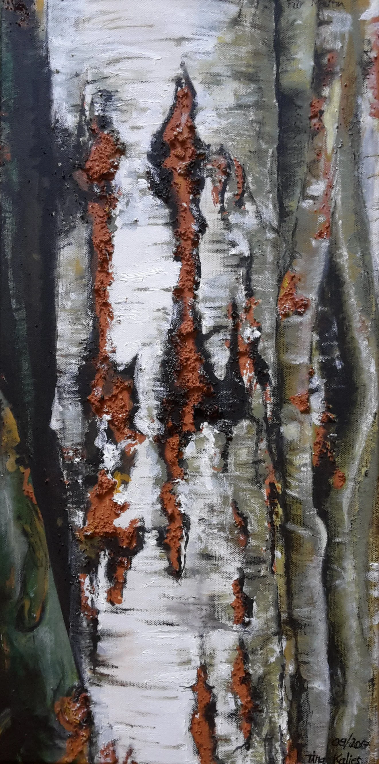 Detailreiche Acrylmalerei eines Birkenstamms mit reliefartiger Oberfläche und Lavagestein-Struktur in Grau-, Weiß- und Rosttönen.