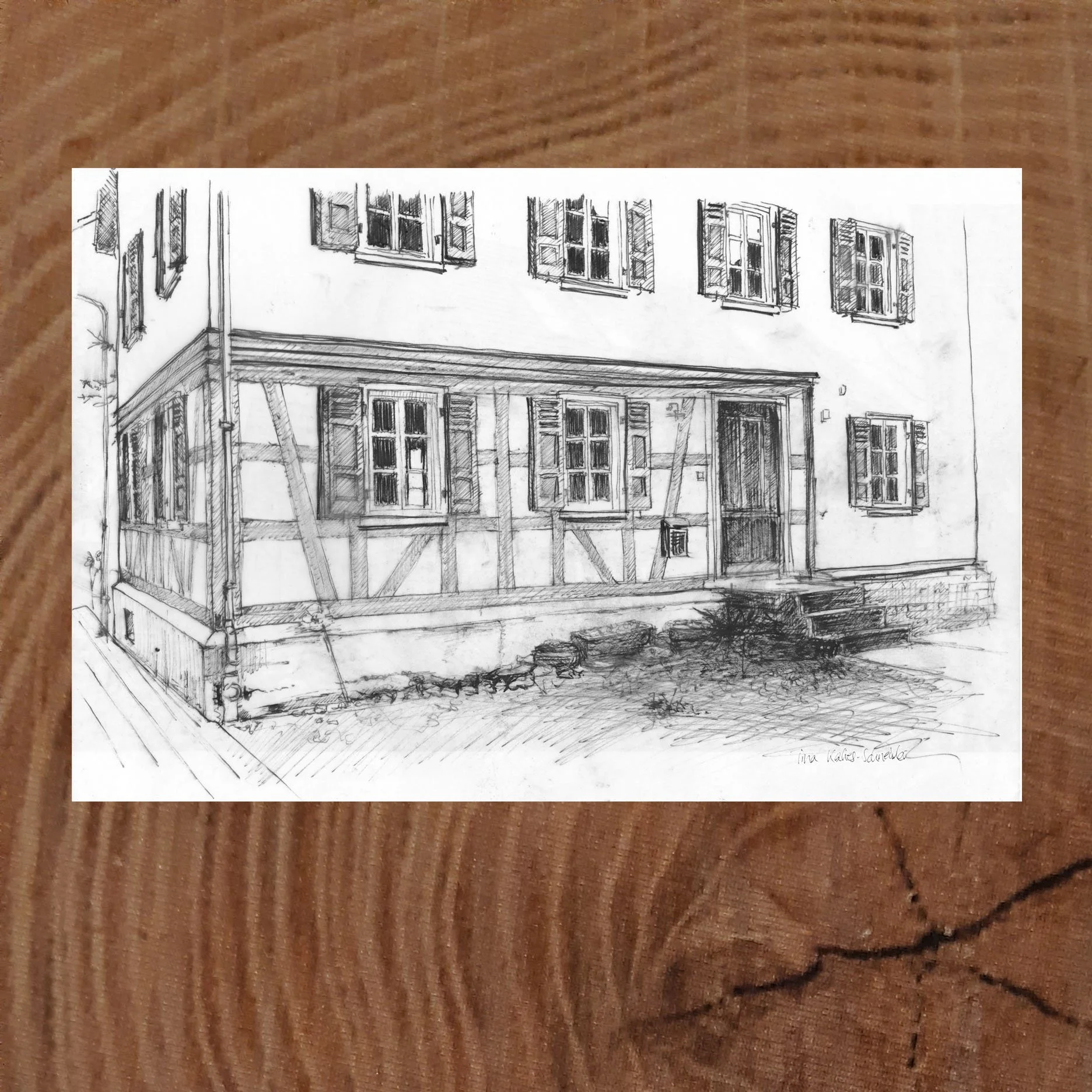 Handgezeichnete Postkarte eines Fachwerkhauses in Nieder-Erlenbach.