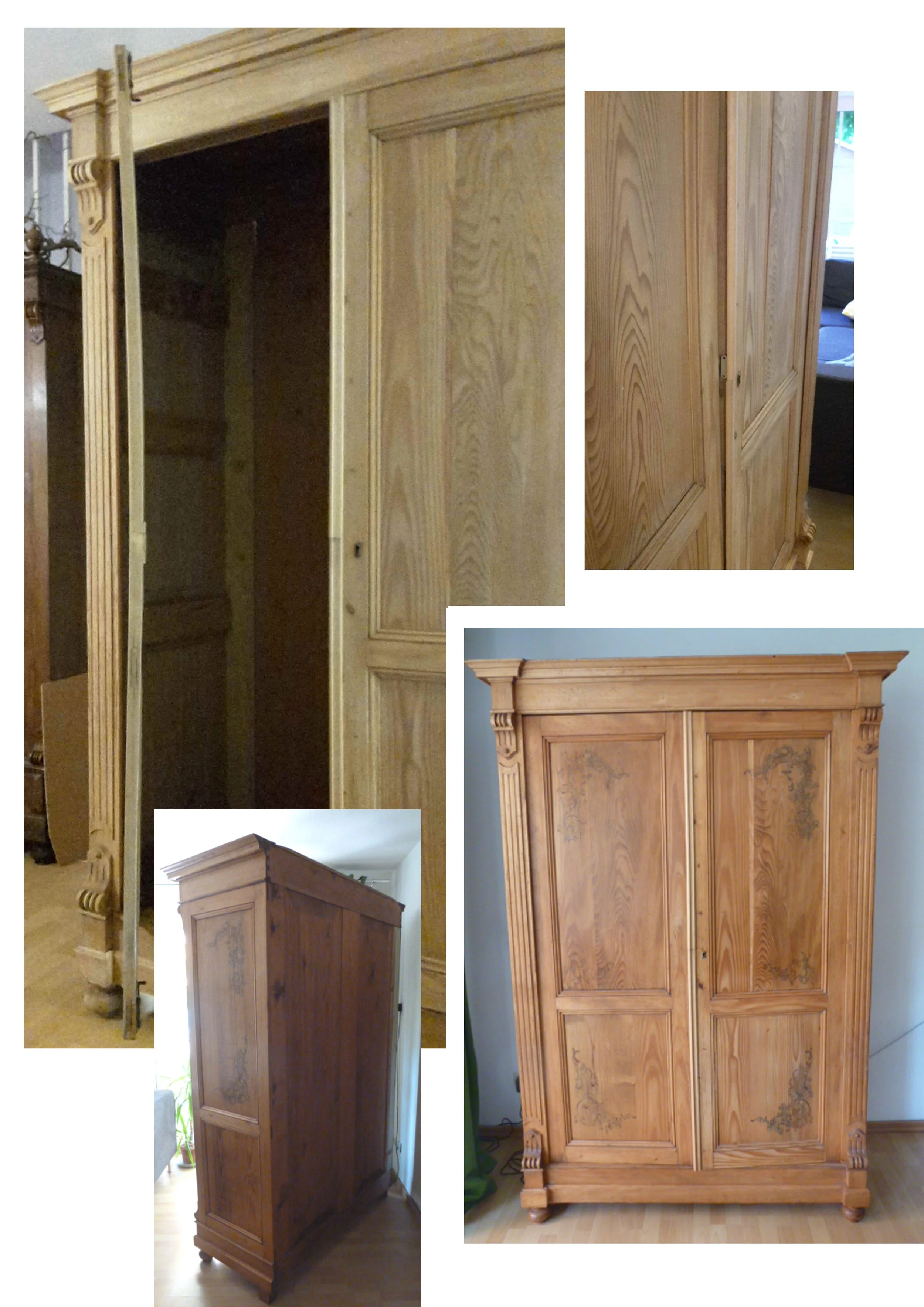 Vorher-Nachher-Ansicht eines Schranks mit konturierter Bauernmalerei.