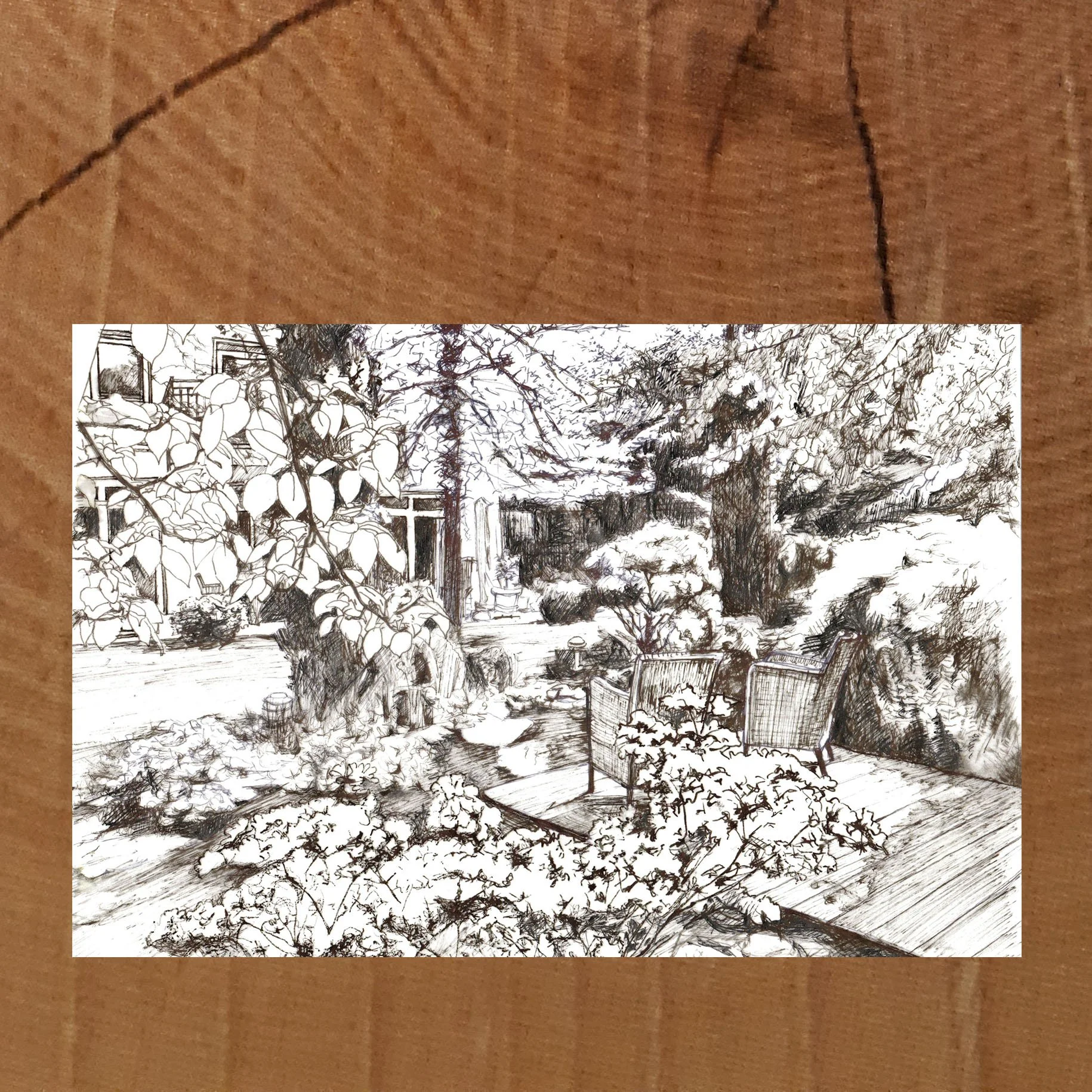 Postkarte mit Gartenmotiv „Omas Garten“ bei Dortmund, handgezeichnete Szene mit Pflanzen und Sitzplatz.