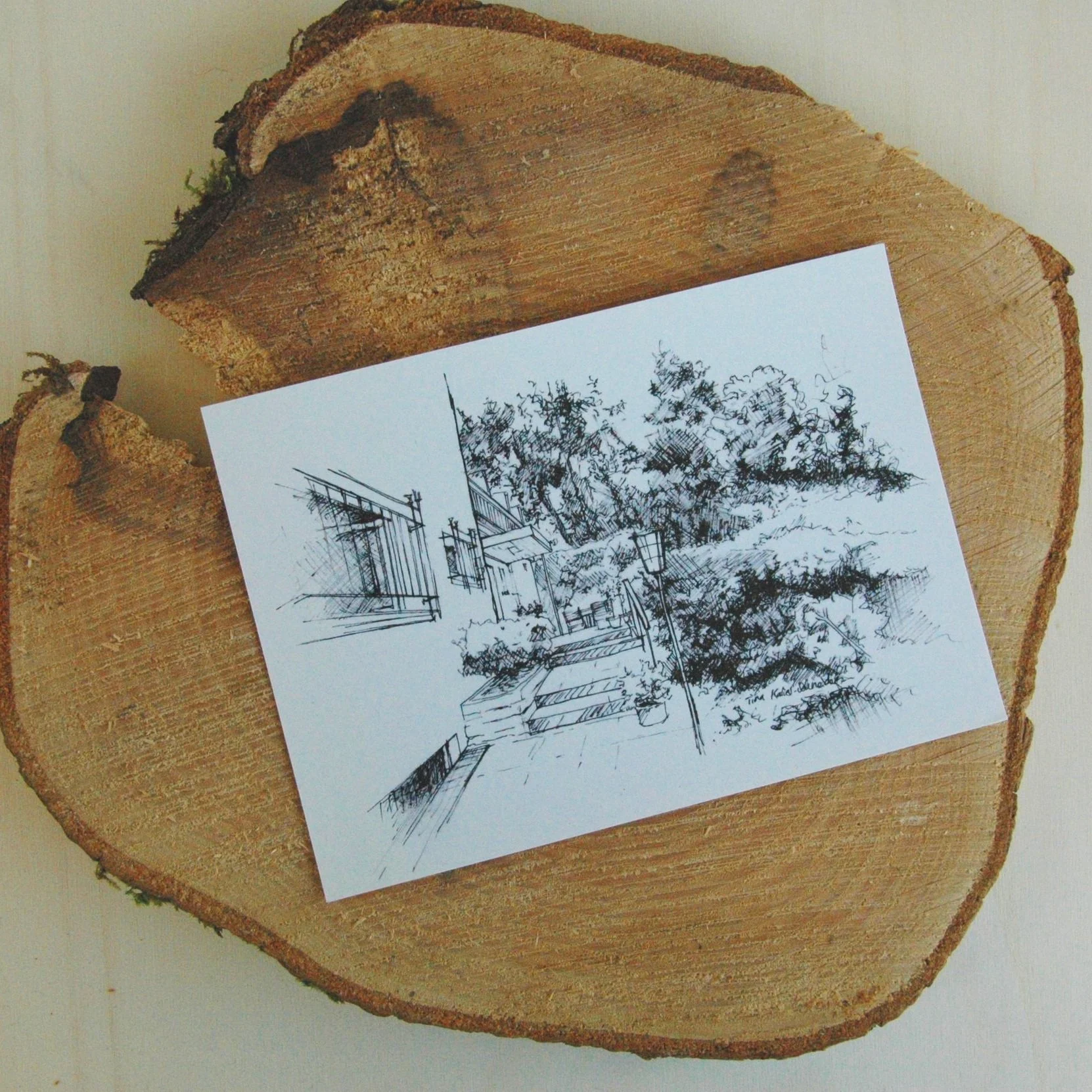 Schwarzweiße Architekturzeichnung mit Haus, Treppe und Bäumen, mit schwarzem Fineliner gezeichnet, als Postkarte auf Holzhintergrund.
