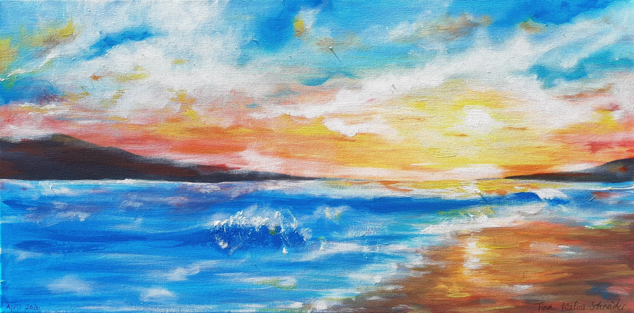 Farbenreiches Gemälde eines Sonnenaufgangs über dem Meer mit leuchtenden Blau-, Gelb- und Rottönen und spiegelnden Wasserflächen.