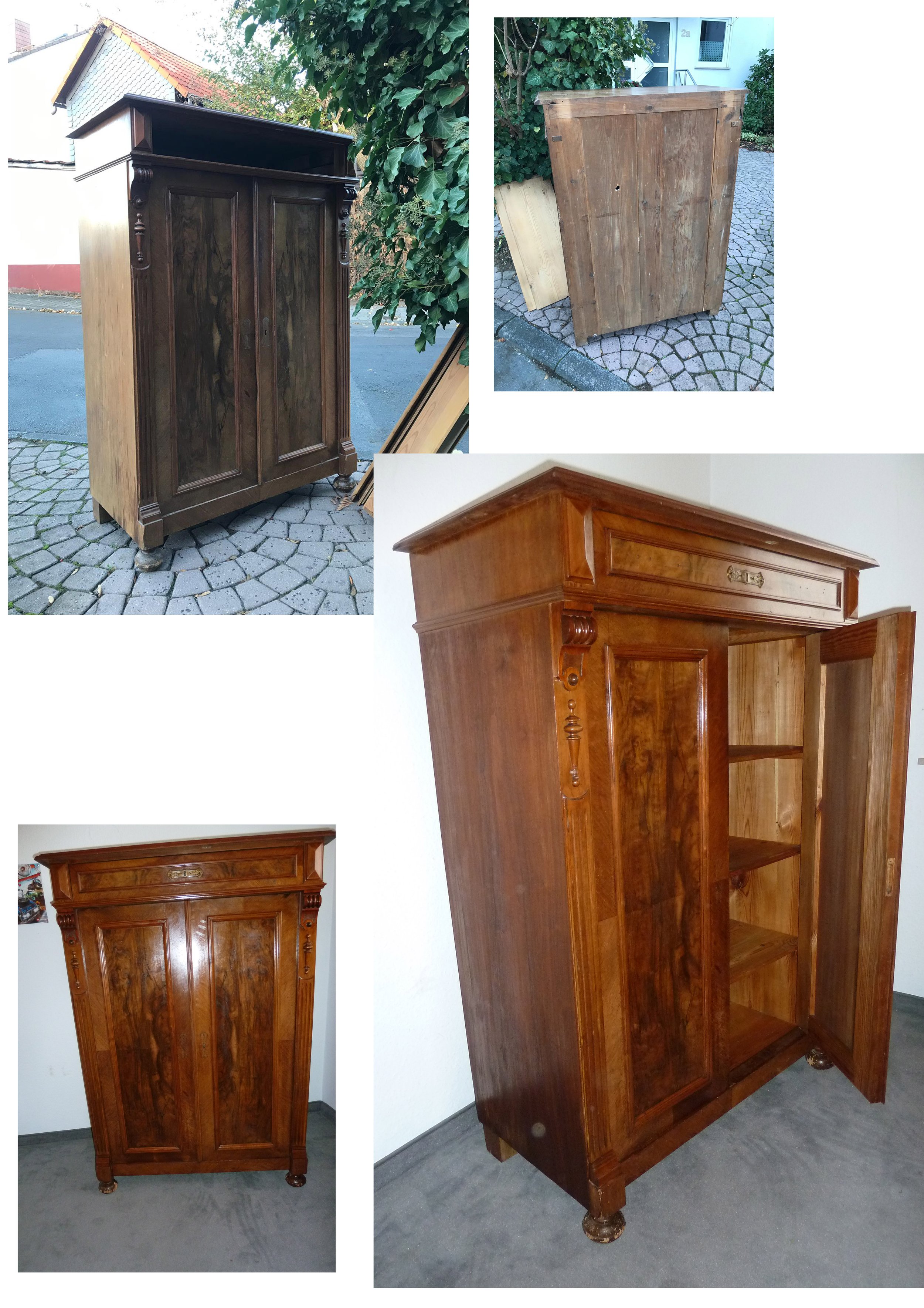 Vorher-Nachher-Ansicht eines Vertikos aus Massivholz, unrestaurierter Zustand und restaurierte Ausführung im Vergleich.