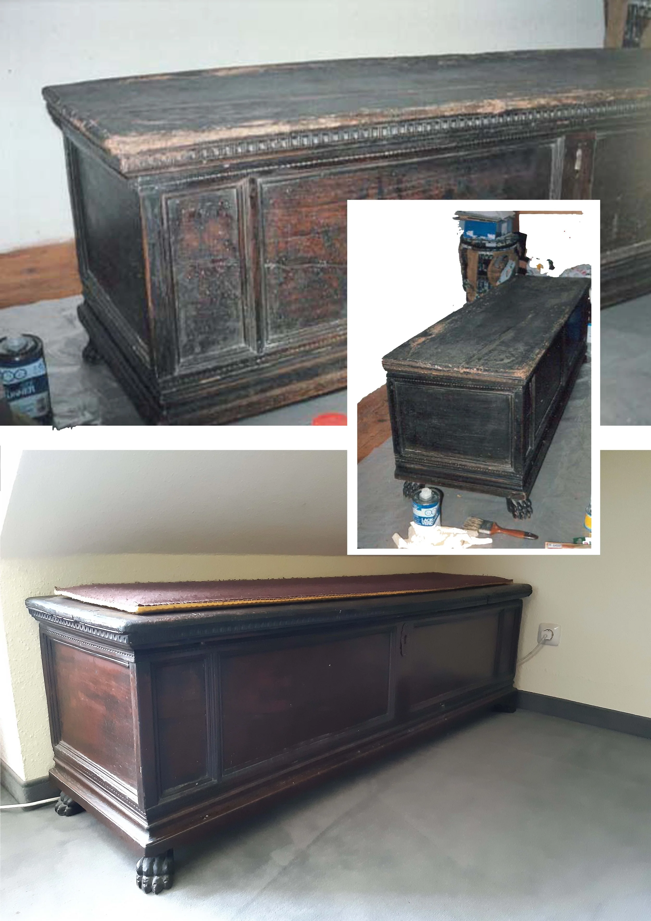 Vorher- und Nachher-Ansicht einer antiken Holztruhe: unrestaurierter Zustand und restaurierte Oberfläche im Vergleich.