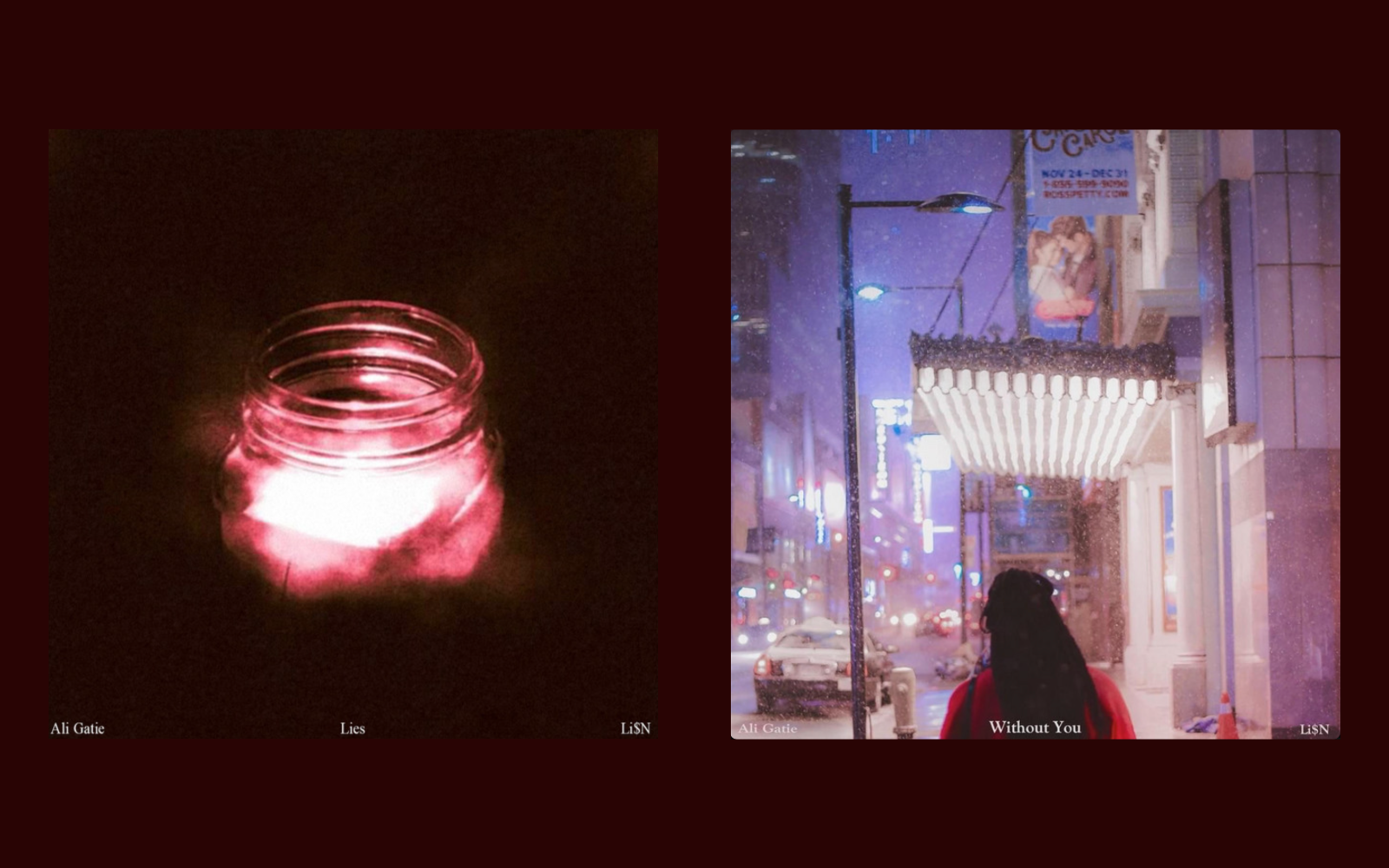 Album artworks for Ali Gatie, Li$N & Warner Records. Left: 'Lies' / Right: 'Without You'