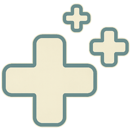 Simple illustration of three medical-style plus symbols of varying sizes, representing cellular health, balance, and overall wellness support.