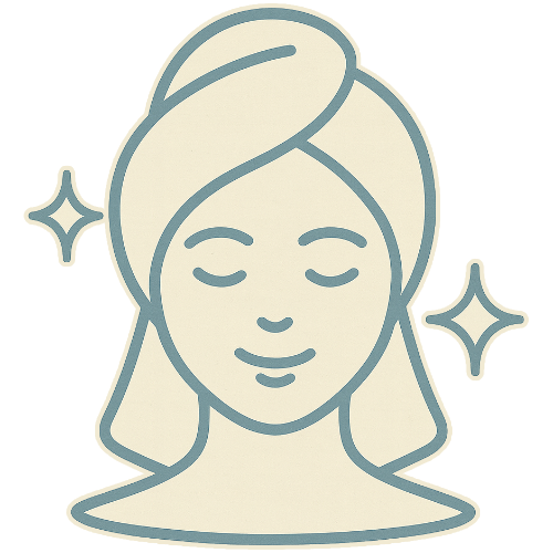 Minimal line art illustration of a serene woman with a towel around her head and sparkles beside her face, symbolizing glowing, healthy skin.