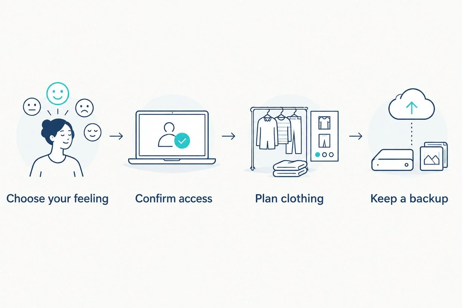 Four planning steps connecting neighborhood choice, location access, clothing, and a backup plan.