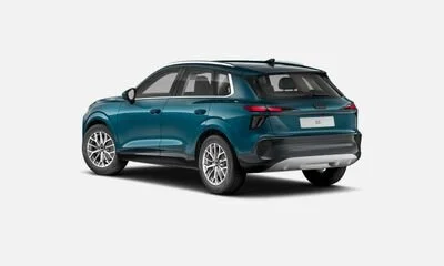 Blue compact SUV viewed from the rear, on a white background.