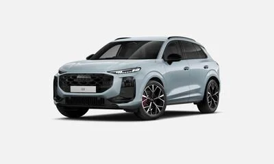 A light blue luxury SUV with black accents and multi-spoke black and red rims, positioned against a plain white background.