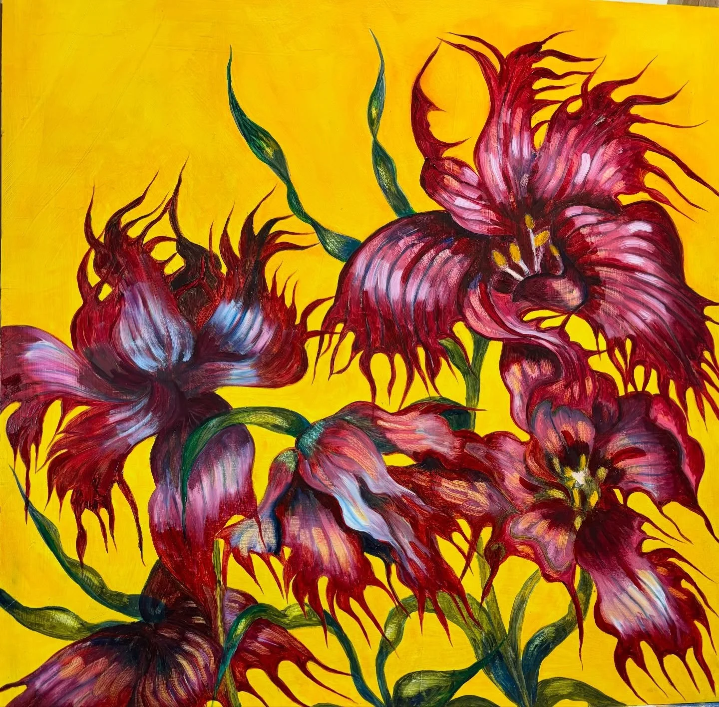 Obsession has its own palette. Lately, the color blue has claimed me, saturating thought and canvas alike. In an attempt to break the cycle, I turned to brightness, yellow and alizarin crimson pouring them into a painting titled What the Heat Knows. 