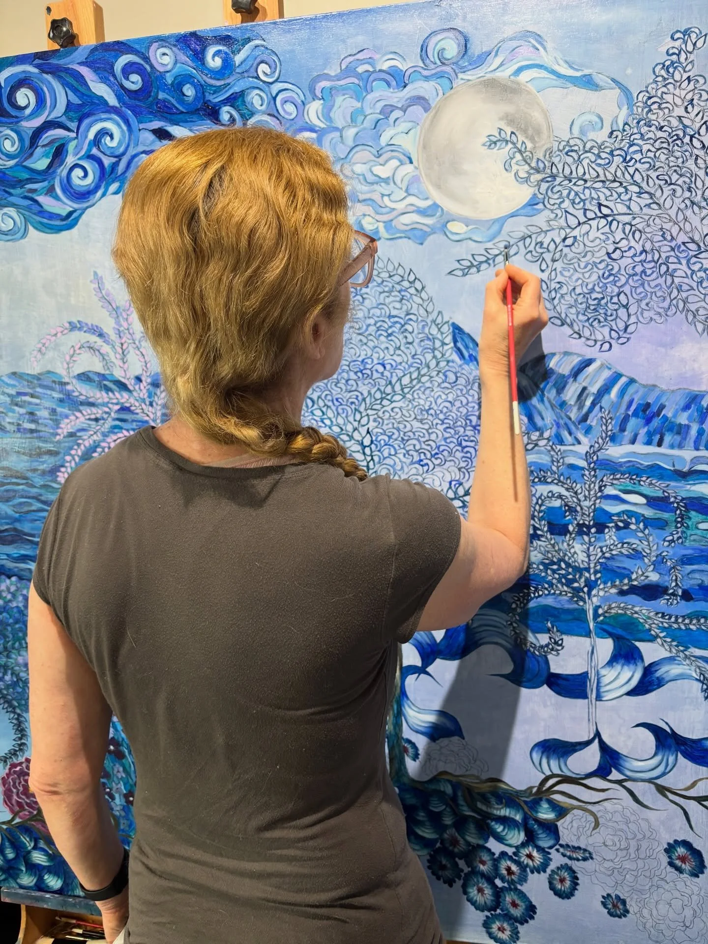 I wanted to see the blood moon tonight, but the sky was overcast. I love painting the moon because it reminds me of how vast the universe is. 
The universe is almost impossibly large. It stretches about 93 billion light years across, holds trillions 