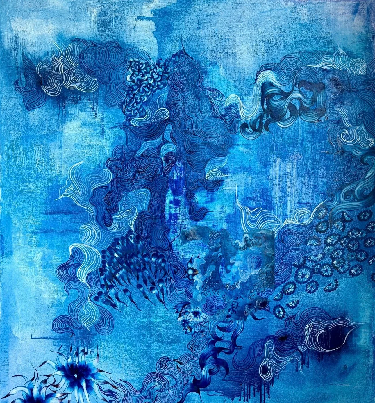 Painting is my visual diary, a place where what lingers beneath becomes visible. In these shifting fields of blue, quiet truths rise and dissolve, inner landscapes move like water, and emotions settle into their own currents.

I am creating a series 