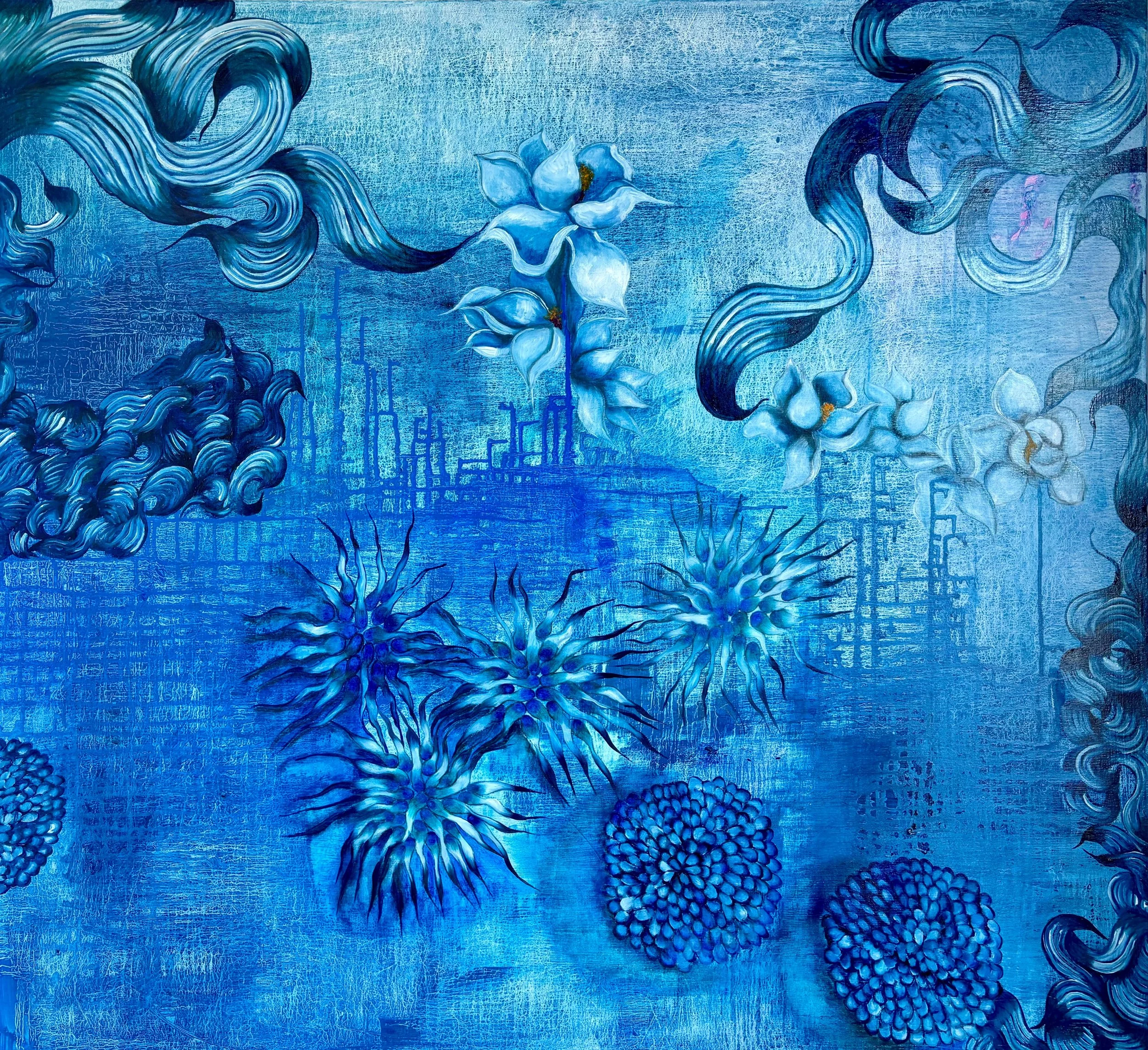 I am sitting with what remains after closeness dissolves, the quiet that follows long hours of conversations, now every word remains unanswered.
These blue paintings hold that space.
I keep returning to the many silences that shape a life, how they w