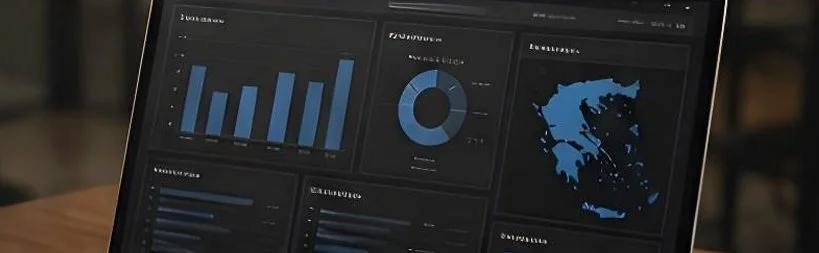 A laptop screen displaying various business analytics charts and graphs, including bar charts, a pie chart, a map, and line graphs.