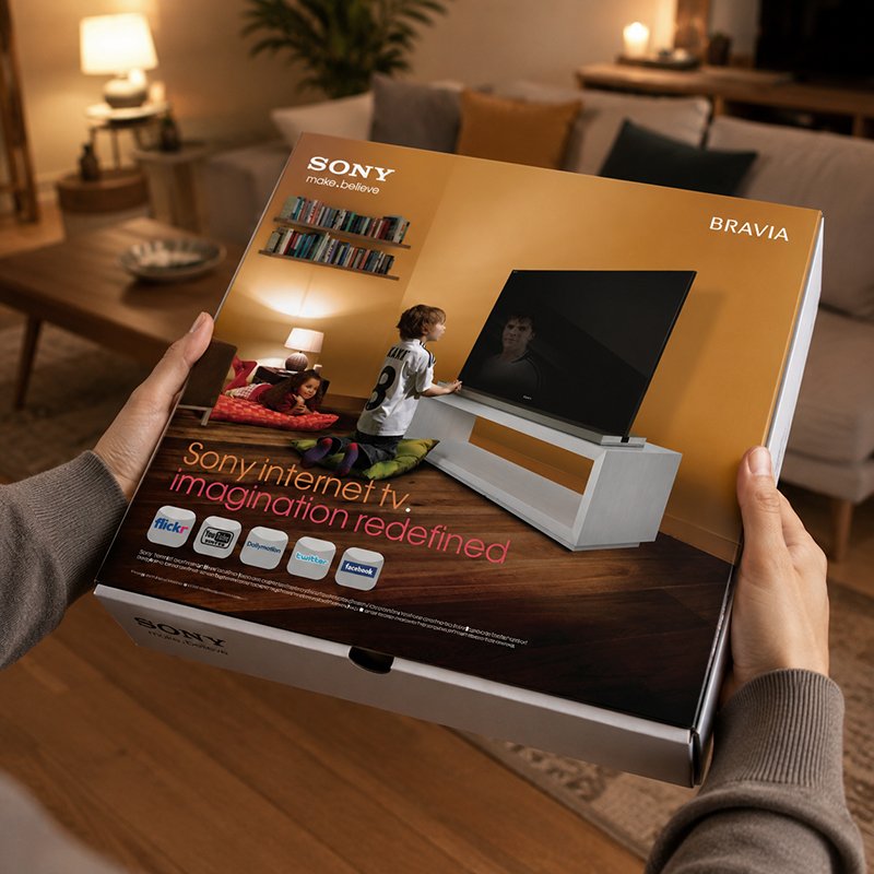 Person holding a Sony BRAVIA TV pizza box in a cozy living room with a sofa, side table with lamp, and a decorative bowl.