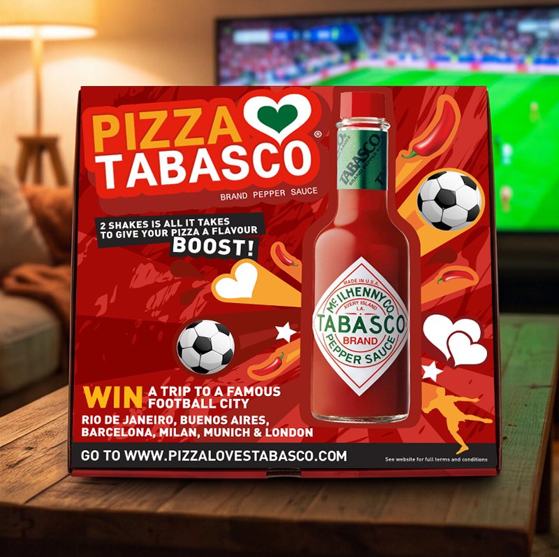Box of Pizza Tabasco pepper sauce with a football-themed promotion, featuring soccer balls, a soccer player, a chili pepper, and a heart, standing in front of a TV showing a soccer match.