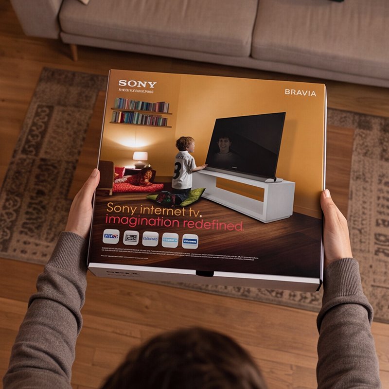 Person holding a Sony internet TV pizza box, showing a living room scene on the packaging with a large flat-screen TV, a boy standing in front of it, and a woman lying on a red couch.