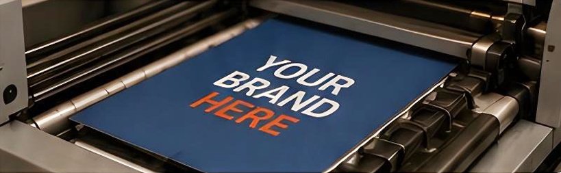 A printing machine producing a blue pizza box print  with the text "YOUR BRAND HERE" printed on it.