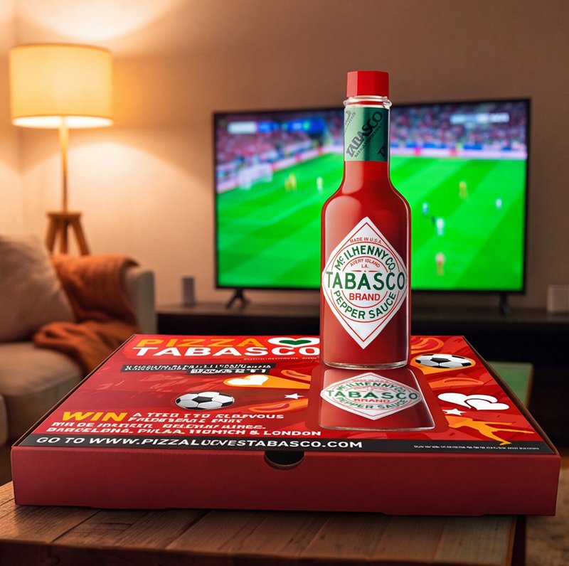 A bottle of Tabasco hot sauce placed on a pizza box, with a TV in the background showing a soccer game, in a cozy living room with a lamp and sofa.