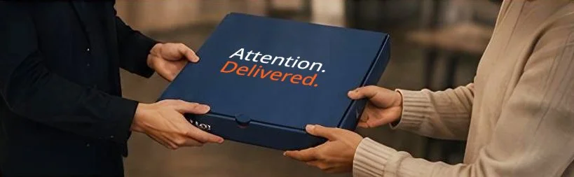 Two people exchanging a dark blue box with orange and white text that says 'Attention. Delivered.'