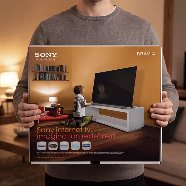 Person holding a pizza box for a Sony Bravia internet TV in a living room.