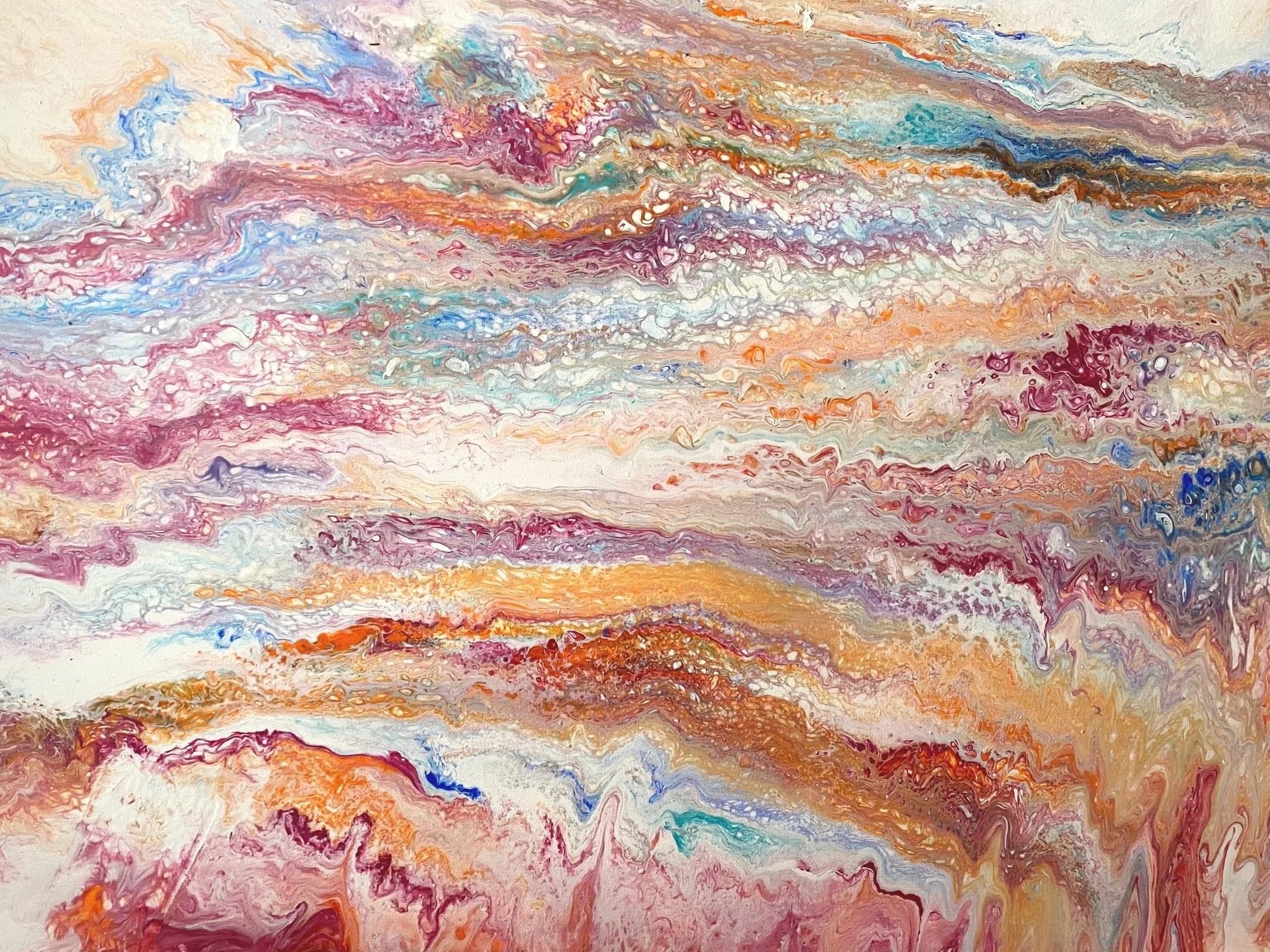 Abstract painting with swirling streaks of pink, purple, blue, orange, and white, resembling a colorful sunset or sky.