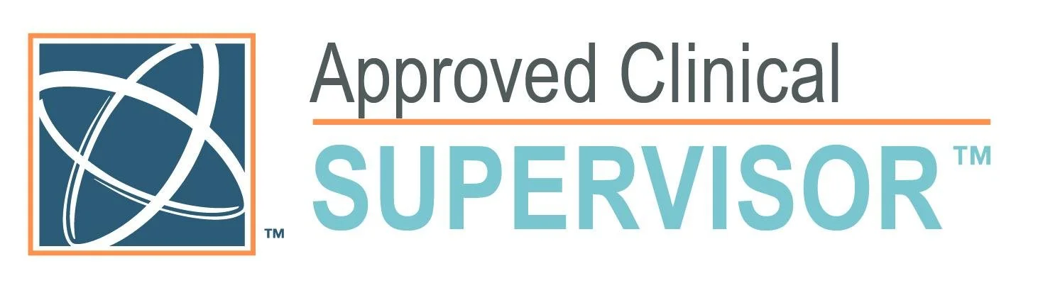 Logo with a globe and orbit design, and the text 'Approved Clinical Supervisor' with 'Supervisor' in large light blue font.