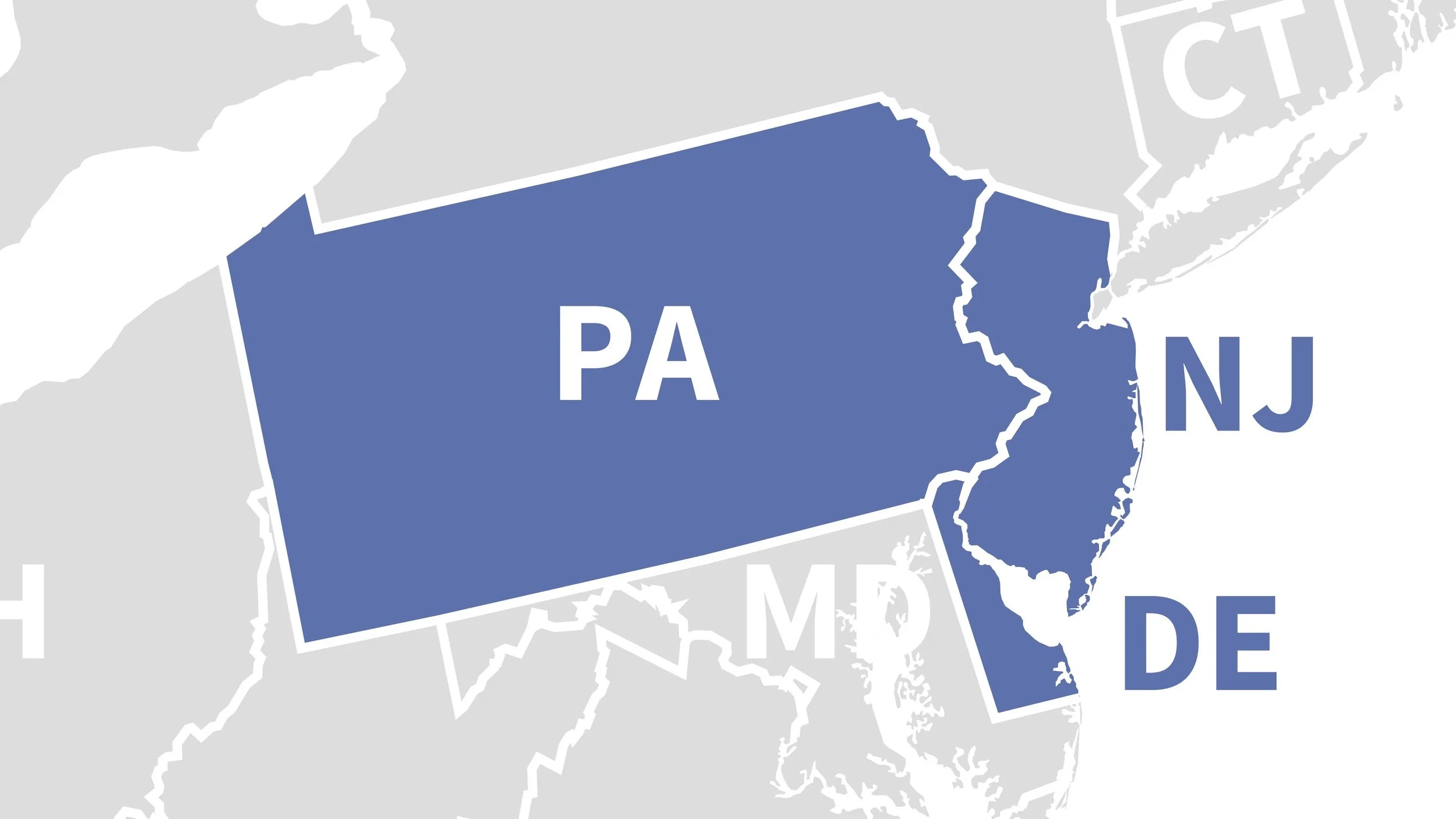 Map highlighting Pennsylvania in blue, with neighboring states New Jersey, Maryland, Delaware, and parts of New York and Ohio visible.