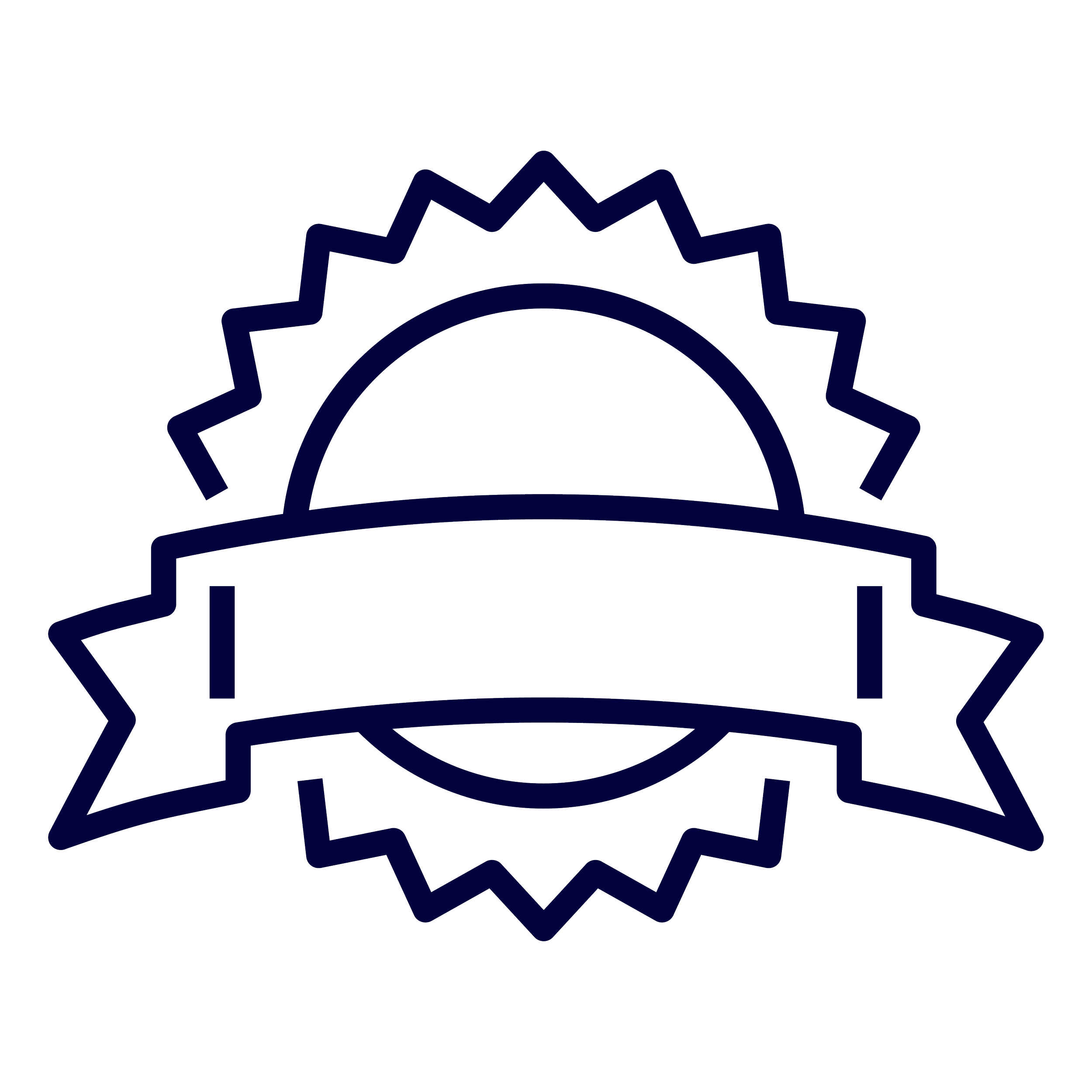 Line drawing of a badge with a ribbon, featuring a semi-circle and sun rays, symbolizing achievement or quality.