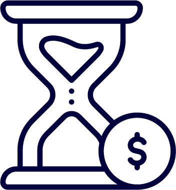 Line drawing of an hourglass with a heart inside, and a dollar sign coin below.