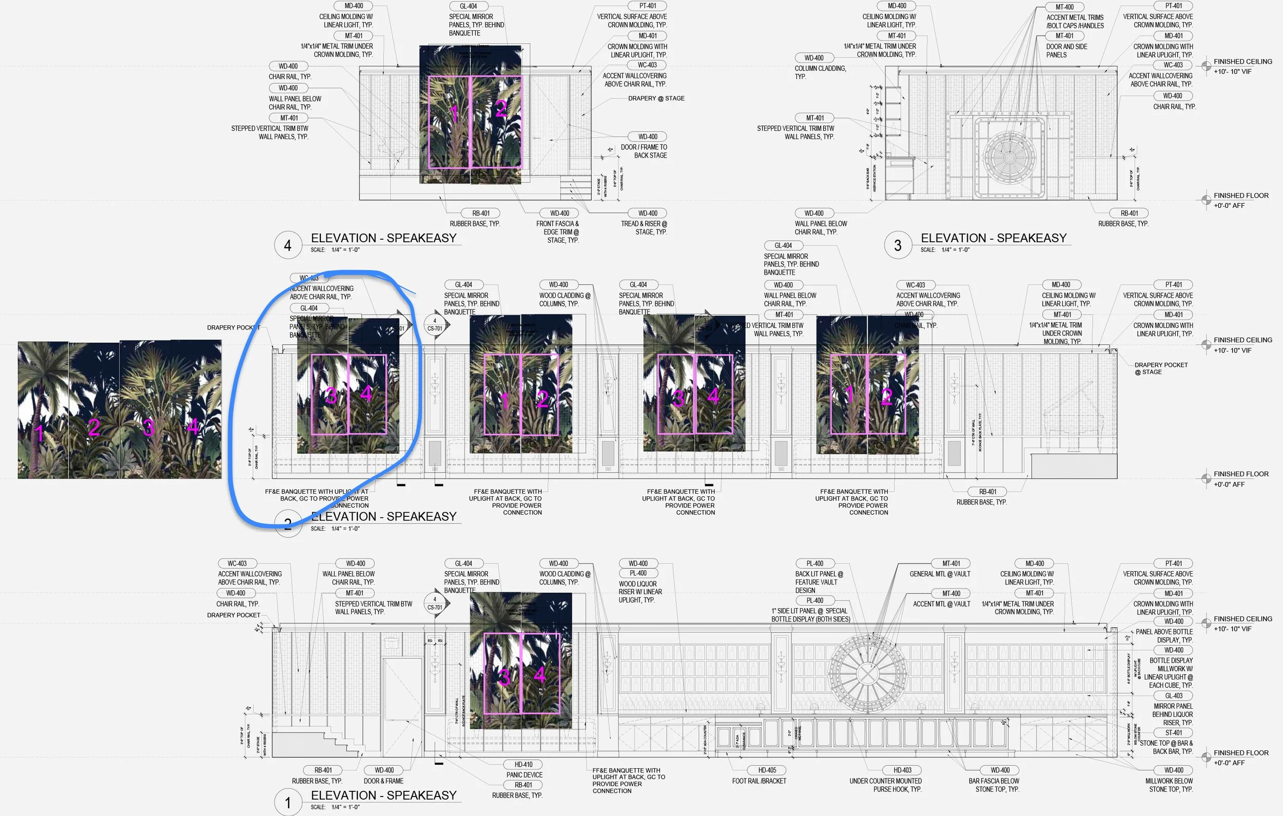 Architectural blueprint of a building interior featuring artwork with tropical plants. The blueprint shows elevations, wall panels, mirror panels, and decorative elements labeled with numbers 1 through 4, with details on construction and design.