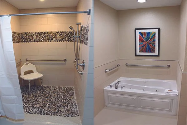 Comparison of two accessible bathrooms: the left shows a walk-in shower with a pebble-tile floor, a curtain, and a shower chair; the right displays a bathtub with a decorative framed picture above and grab bars on the wall.