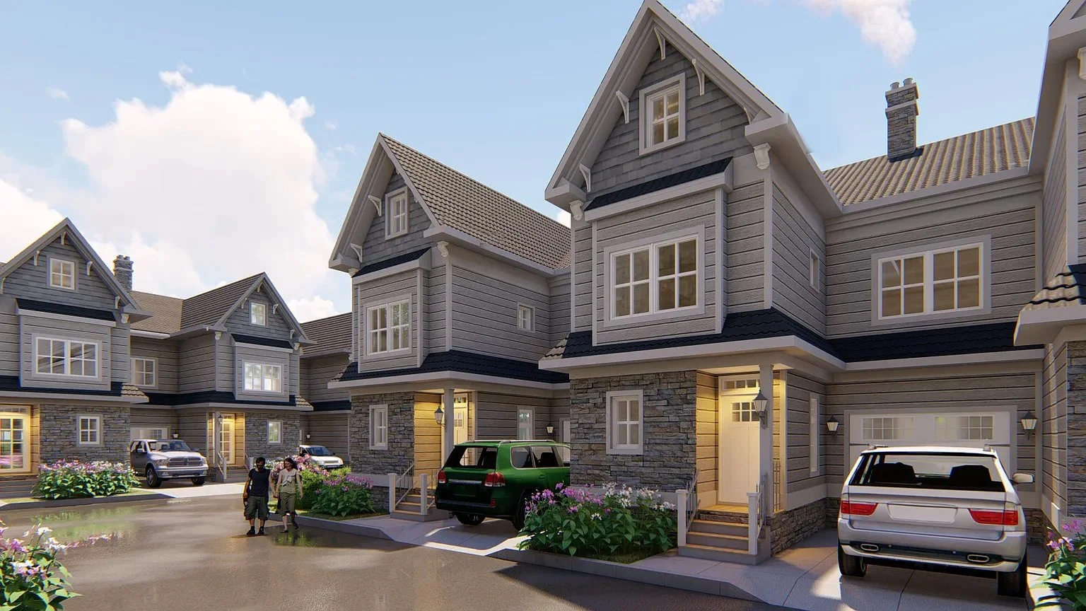 A modern residential neighborhood with multiple two-story houses featuring gray siding, stone accents, and gabled roofs. Cars are parked in driveways, and children are walking on the sidewalk in front of the homes. The scene is set on a sunny day wit