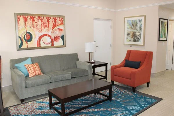 Living room with a gray sofa, an orange armchair, a dark wood coffee table, a blue patterned rug, framed artwork on the walls, and a white table lamp on a side table.