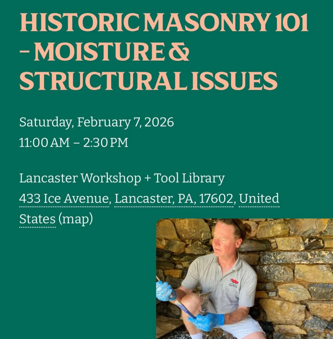 Sat., Feb 7th, 11am-2:30pm (link in bio)
Learn the introductory basics on how to steward masonry structures with Jon Owens!

When it comes to maintaining historic masonry, one rule reigns supreme: keep the building dry. This foundational workshop exp