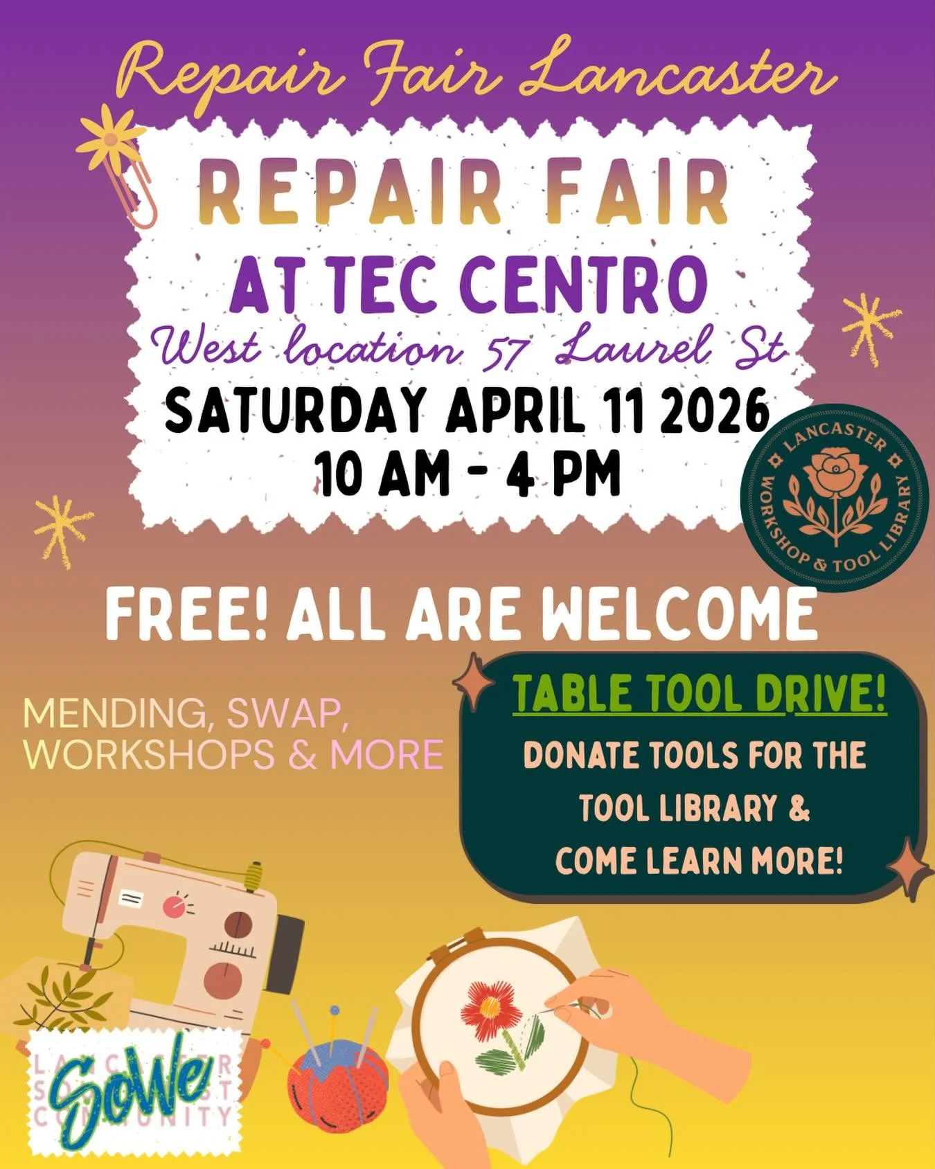 Join us &amp; our friends @repairfairlancaster and @sowe_lancaster for a REPAIR FAIR at @teccentropa !!

Bring clothes &amp; bras for mending or swap! Know anyone who does tool repair? We're putting up the bat signal for fixers!

When? Saturday, Apri