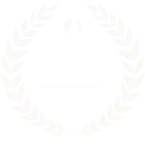A logo with a white laurel wreath