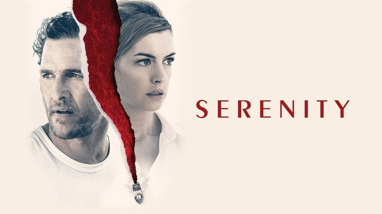 Poster for the film Serenity featuring two characters separated by a torn zipper, with the title 'Serenity' in red letters.