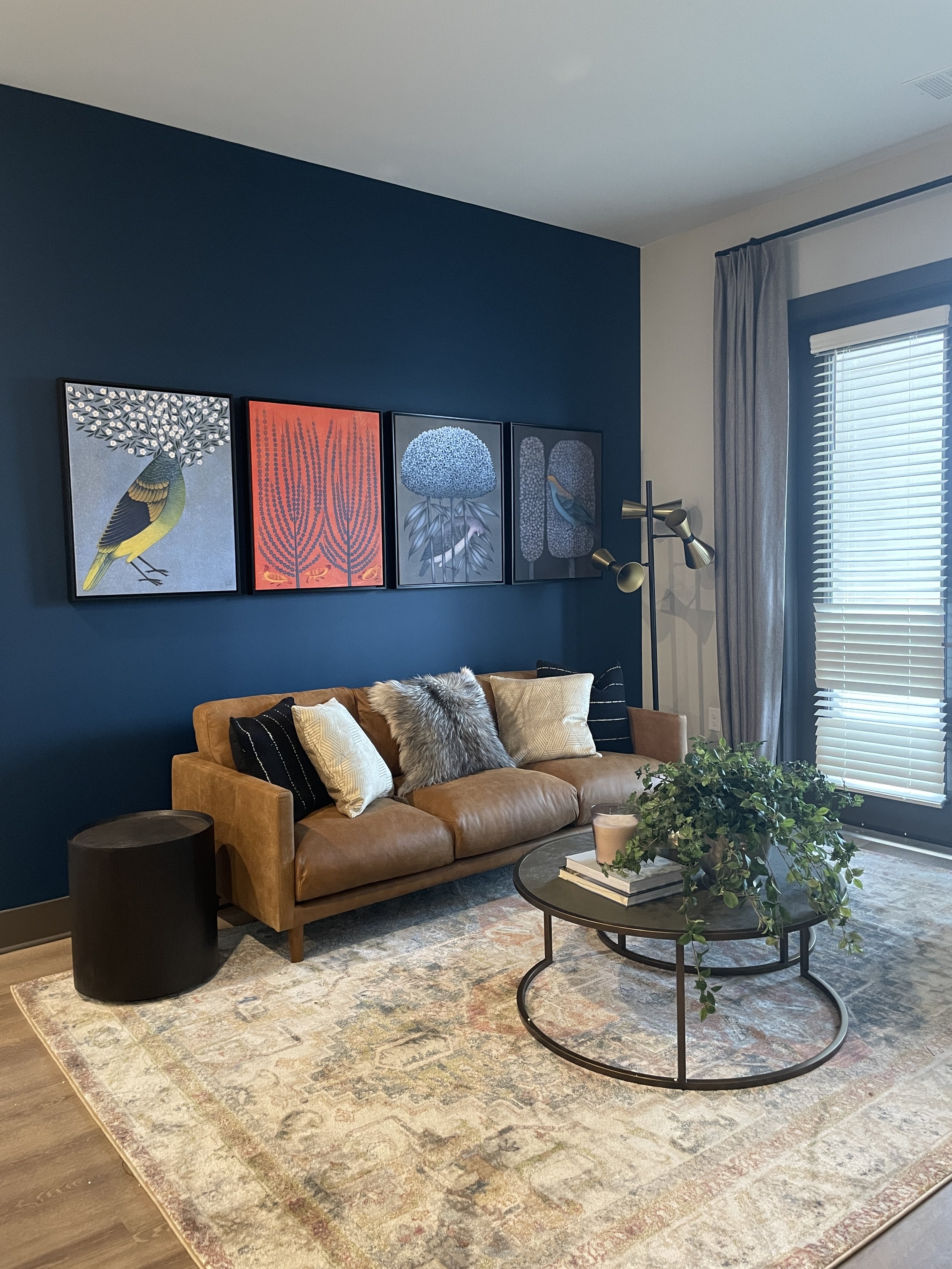 Living room with a tan leather sofa, decorative pillows, a round coffee table with books, a plant, and a candle, a patterned area rug, a dark blue accent wall with four framed art prints of birds and plants, a window with blinds and curtains, and a m